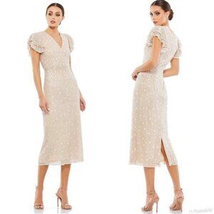 NEW MAC DUGGAL EMBELLISHED RUFFLE CAP SLEEVE V-NECK MIDI DRESS NUDE 10810